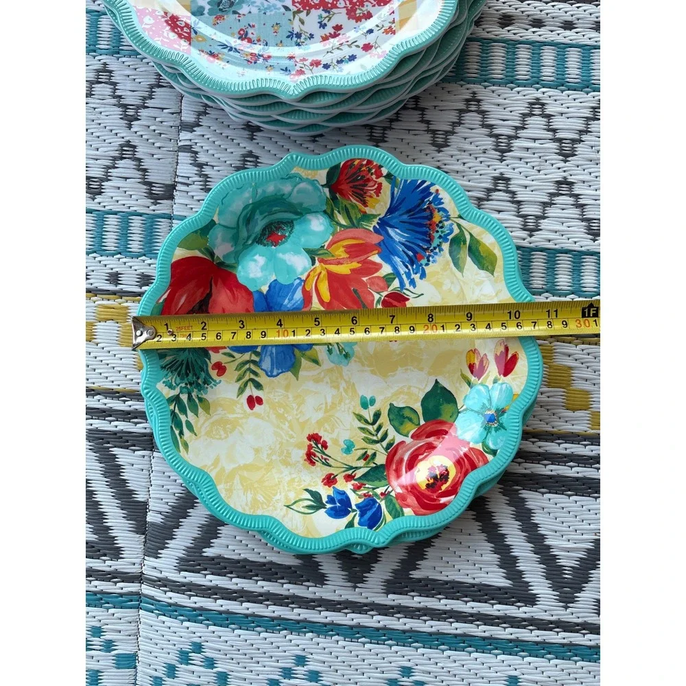 Pioneer Woman Melamine Salad Plate Set 9in Floral Patchwork Scalloped Teal 10pc